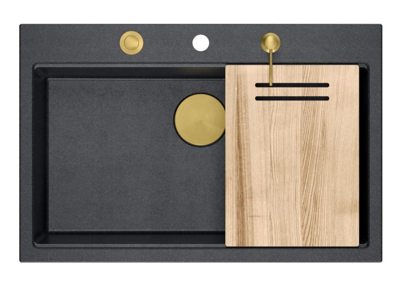 Quadri Hard Rock antracit granit ovenpå stor vask 76x50cm inklusive gylden prop og tilbehør 1208967444