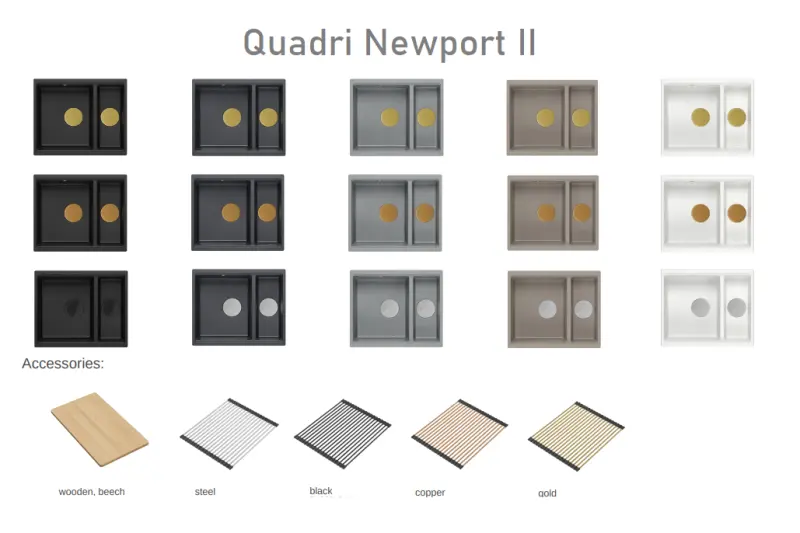 Quadri Newport II granite anthracite inset and undermount sink 1,5-bowl 555x460mm  with golden manual siphon 1208967473