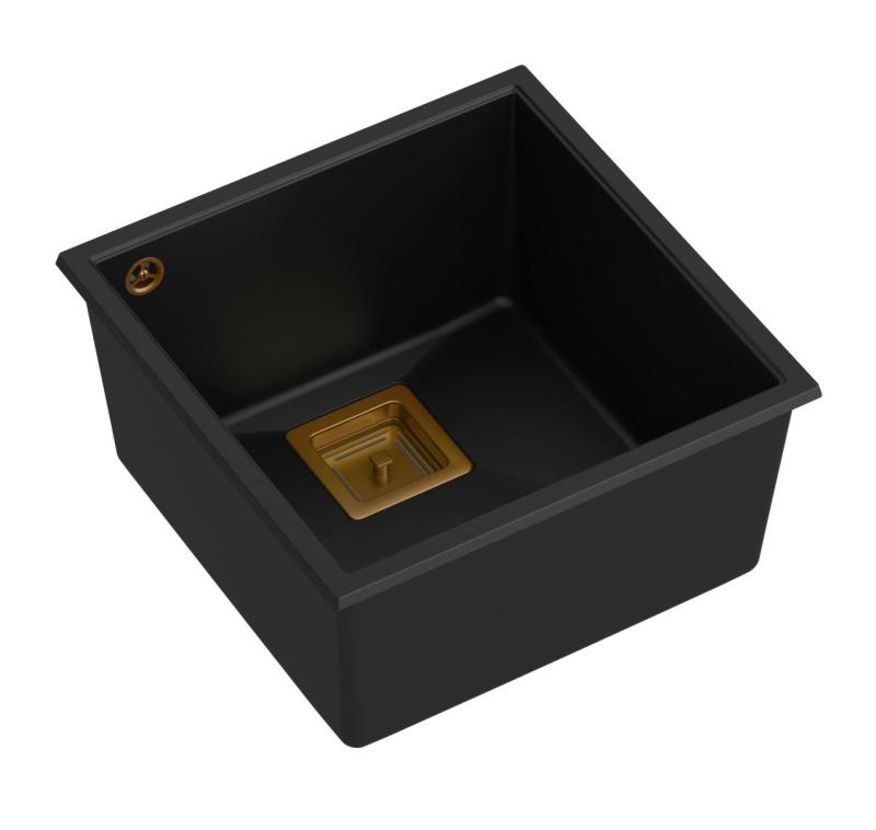 Quadri Quadrangle sort granit undermonteret vask 42x42cm med kobber prop 1208967482