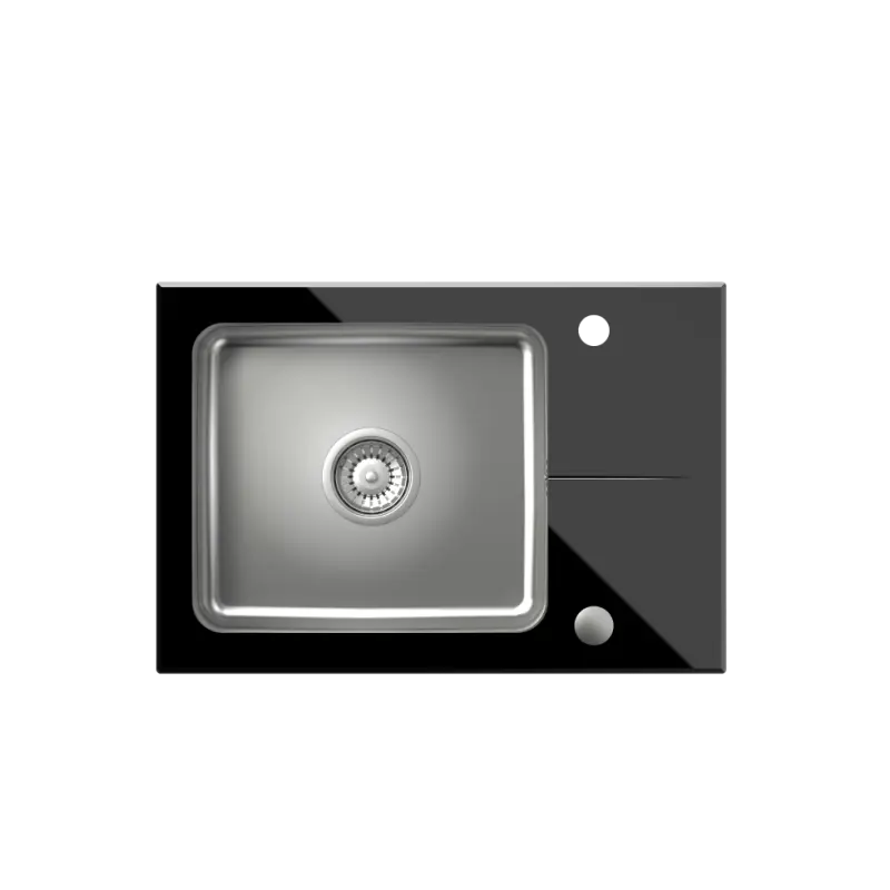 Quadri Glazz Sæt med køkkenarmatur og monteret rustfrit stål vask med sort glas afdrypningsområde 64x44cm vendbar 1208967493