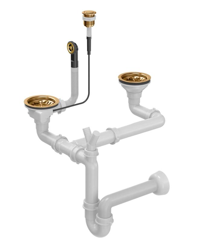 Quadri kobber dobbelt køkkenvask afløbssæt og overløb med push to open knap kobber 1208967546