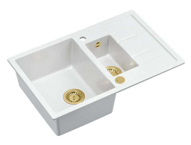 Quadri Brenton hvid granit køkkenvask med 1,5 skåle og afløbsbakke 78x50cm med gylden prop 1208967551
