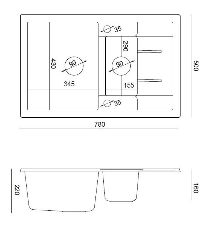 Quadri Brenton grå granit køkkenvask med afløbsplade 78x50cm med kobber prop 1208967561