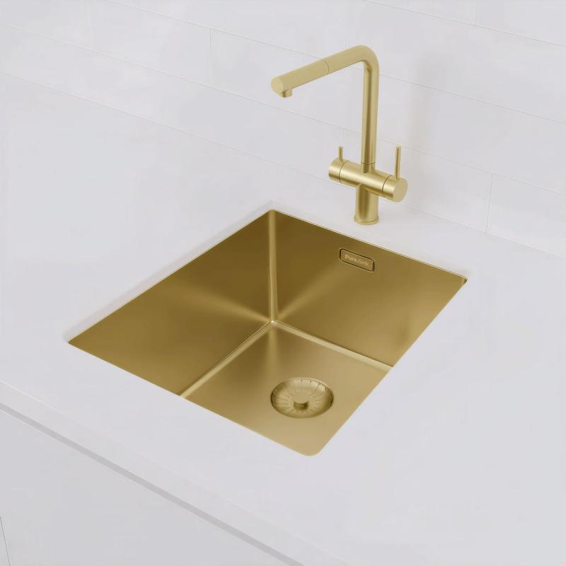 Pure.Sink Prestige vask 34x40 cm PVD Guld 10mm radius underbygning, planmontering og overbygning PPG3440-60