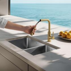 Pure.Sink Elite Steel Spark-S køkkenarmatur PVD børstet guld med udtrækkelig tud PS8041-60