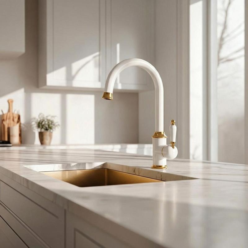 Quadri Workshop Classic Nostalgic White Kitchen Faucet with PVD Gold Finish and Ceramic Handle 1208967672