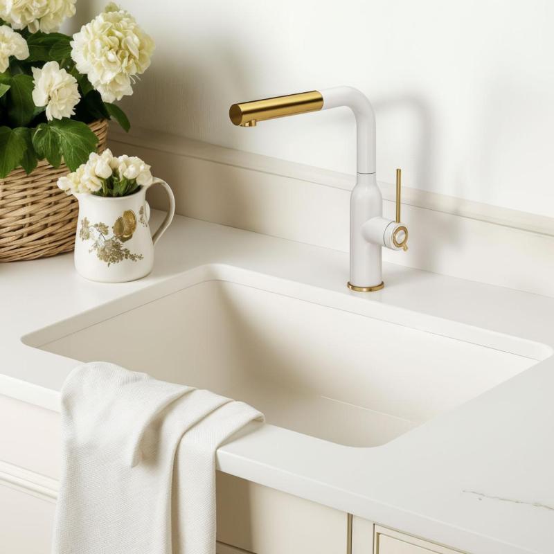 Quadri Stamford Køkkenarmatur Hvid med PVD Guld Finish og Udtrækbar Tud 1208967686