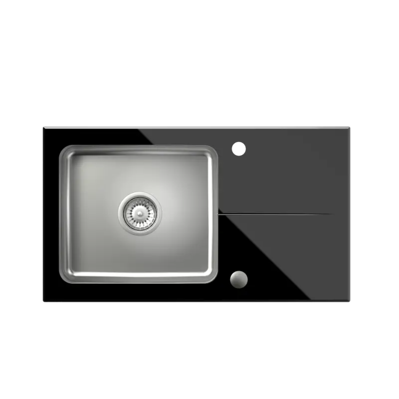 Quadri Glazz Set med Køkkenarmatur og Inkluderet Rustfrit Stål Vask med Sort Glas Afdrypningsområde - 77x44cm Vendbar - 1208967734