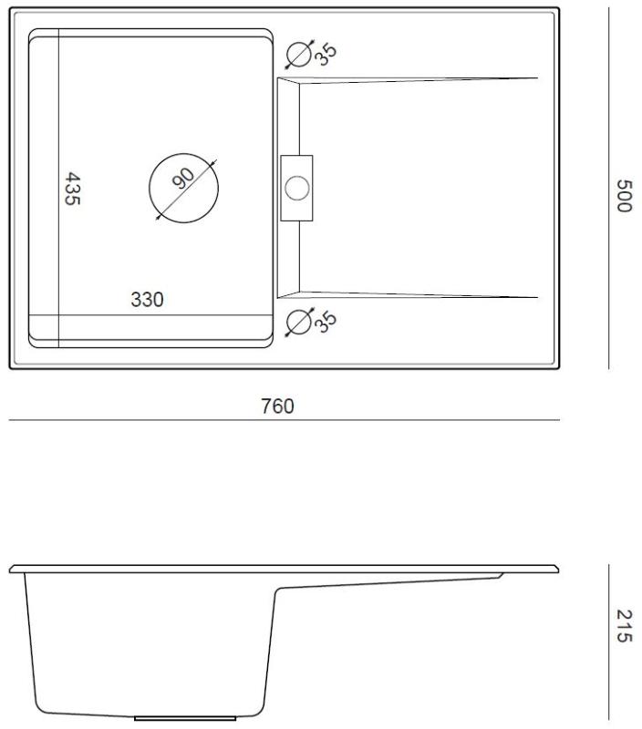 Quadri Minton Granit Overflade Sort Vask 76x50cm med Drypbakke Vendbar og Guld Prop 1208967739