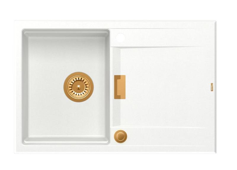 Quadri Minton Granit Hvid Vask 76x50cm med Afdrypning Vendbar og Kobber Prop - 1208967749