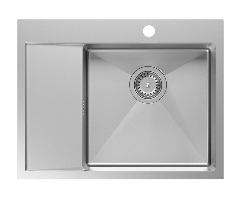 Aquadesign Clara Sink Stainless Steel with Right-side Bowl 62x48cm Top-mounted or Flush-mounted with Draining Rack, Faucet Hole Ledge, and Stainless Steel Plug - 1208967755