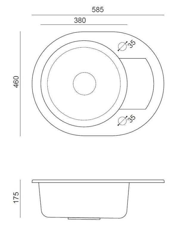 Quadri London Grå Granit Rund Vask med Afdrypningsområde og Rustfri Stål Prop 585x460mm Vendbar - 1208967772
