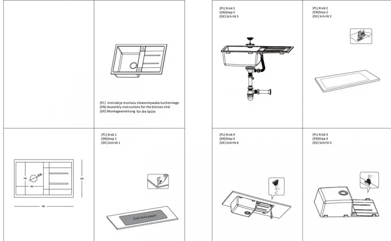 Quadri Sheffield Antracit Granit Køkkenvask 78x50cm med Afdrypningsområde og Rustfri Stål Prop - 1208967794
