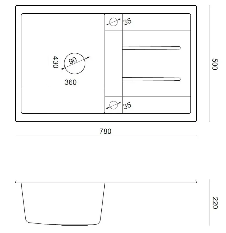 Quadri Sheffield Antracit Granit Opvaskebakke 78x50cm med Afdrypningsområde og Kobber Afløbsprop - 1208967797