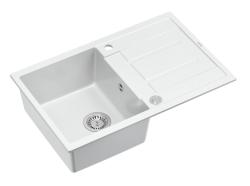 Quadri Sheffield Hvid Granit Køkkenvask 78x50cm med Afdrypningsområde og Rustfri Stål Prop - 1208967798