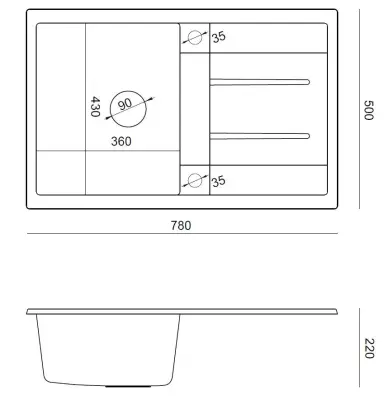Quadri Sheffield Sort Granit Køkkenvask 78x50cm med Afdrypningsområde og Kobber Afløb - 1208967804