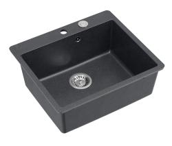 Quadri Sheffield Antracit Granit Overmonteret eller Planmonteret Vask 57x50 cm med Haneplads og Rustfri Stål Prop - 1208967811