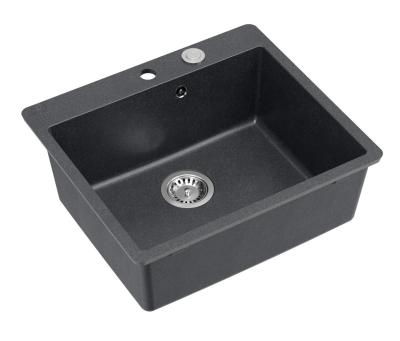 Quadri Sheffield Antracit Granit Overmonteret eller Planmonteret Vask 57x50 cm med Haneplads og Rustfri Stål Prop - 1208967811