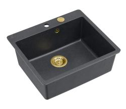 Quadri Sheffield Antracit Granit Påbygning eller Planlimmet Vask 57x50 cm med Hanehulsplade og Gylden Prop - 1208967813