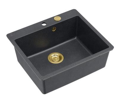 Quadri Sheffield Antracit Granit Påbygning eller Planlimmet Vask 57x50 cm med Hanehulsplade og Gylden Prop - 1208967813
