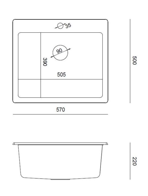 Quadri Sheffield Antracit Granit Køkkenvask Til montering på eller planlimning af bordplade 57x50 cm med Hanehul og Kobber Afløbsprop - 1208967814