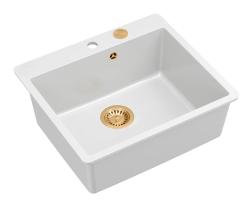 Quadri Sheffield Hvid Granit Overmonteret eller Planlimet Vask 57x50 cm med Hanehul og Kobber Prop - 1208967818
