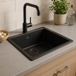 GraniteMy Universal Granit Sort Vask 50x40 cm til overmontering, undermontering og planmontering med gun metal plug - 1208967921
