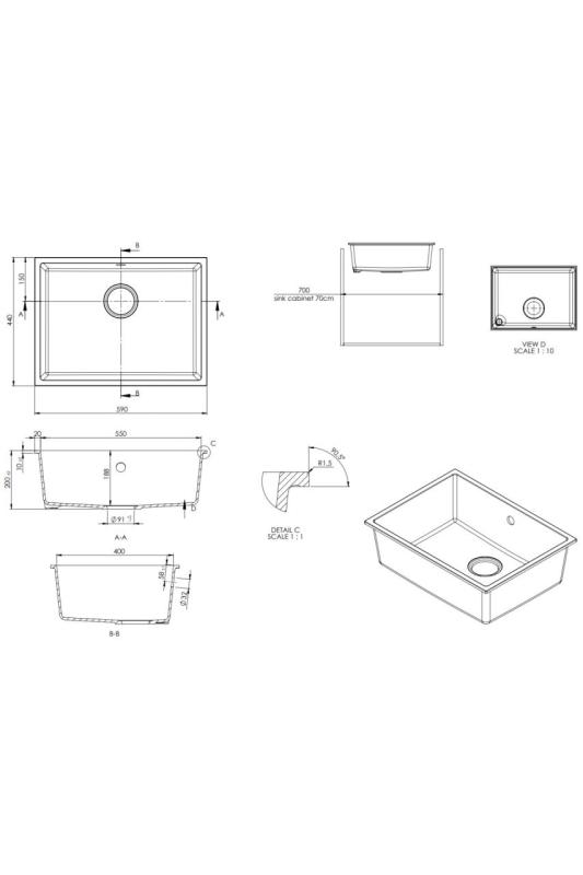 GraniteMy Universal Granite White Sink 55x40 cm for top mount, undermount, and flush mount with gun metal plug - 1208967933