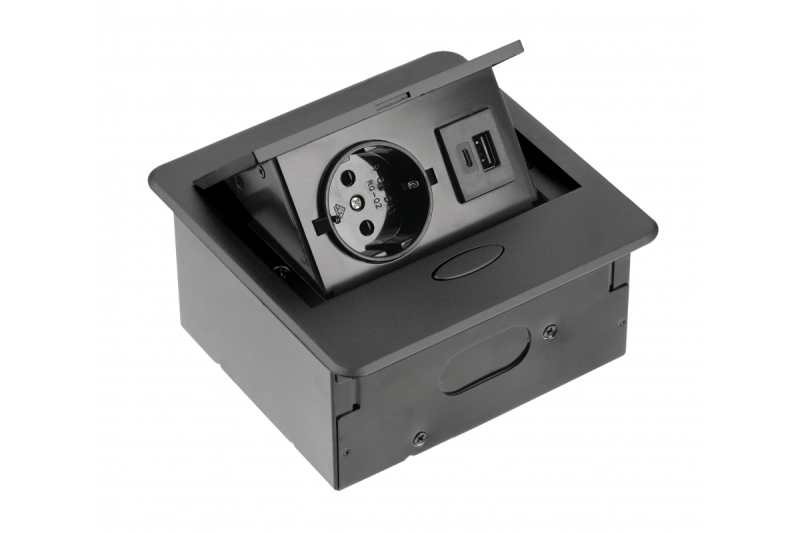 AVARO Indbygget Møbelstik, 1x Schuko Stik, USB A+C, 1.5m Kabel, Sort