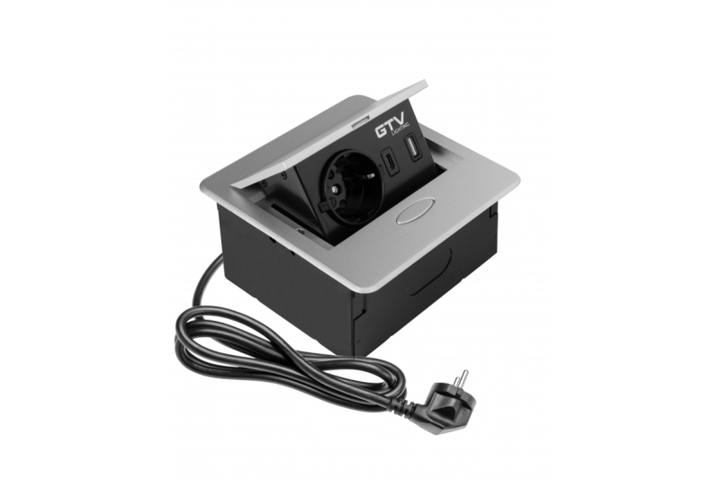 AVARO Indbygget Møbelstik, 1x Schuko Stik, USB A+C, 1.5m Kabel, Sølv