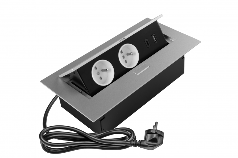 Møbelstikdåse 2x stik med jordforbindelse, USB A+C, strømkabel med stik, alu