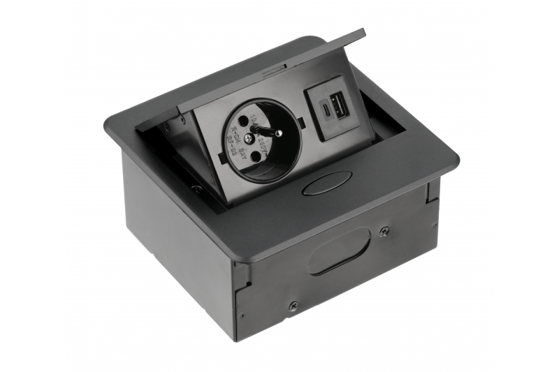 AVARO Indbygget møbelstik, 1x Fransk stikkontakt, USB A + C, 1,5m kabel, Sort