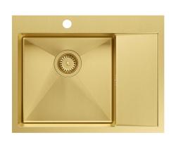 Aquadesign Clara Vask Guld 62x48cm Til Overflademontering eller Planlimning med Afdrypningsbakke, Hanehulbank og Guldprop - 1208969502
