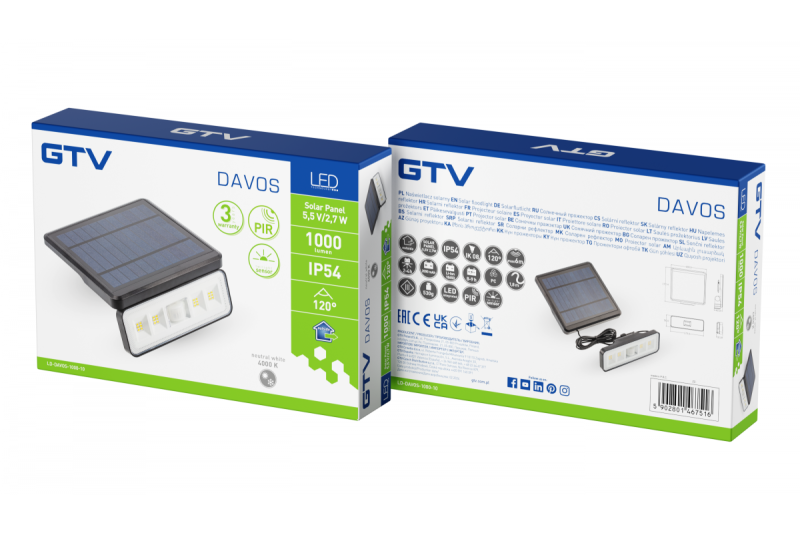 Solcellelampe med bevægelses- og dæmningssensor DAVOS, LED, 1000lm, 4000K, 2000mAh, IP54, sort