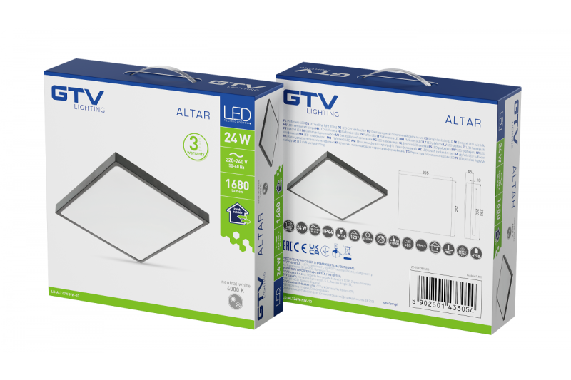 ALTAR LED Loftlampe, 295x295mm, 4000K, 24W, 1680lm, AC180-250V, 50/60 Hz, PF>0.5, IP54, sort, 3 års garanti.