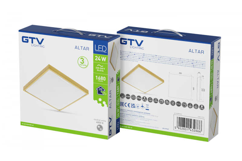 ALTAR LED Loftlampe, 295x295mm, 4000K, 24W, 1680lm, AC180-250V, 50/60 Hz, PF>0.5, IP44, Guldfarvet, 3 års garanti.