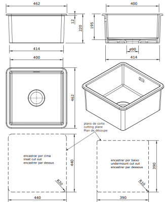 Ausmann Ceramic Ember Ceramic White Square Sink Topmount and Undermount 40 x 40 cm with Stainless Steel Plug 1208970094