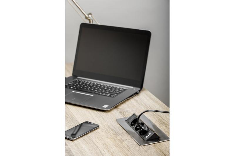 Forlængerledning til skrivebord uden kassette, 3-dobbelt stikkontakt med jordforbindelse, 1,5 m strømkabel med stik, rustfrit stål.