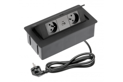 Møbeludtag SOFT 2x stikkontakt med jordforbindelse, USB A+C, strømkabel med stik, sort.