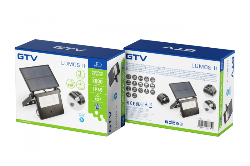 Solflomlys LUMOS II, LED, 2000lm, 6400K, 2600mAh udskiftelig, IP65, sort