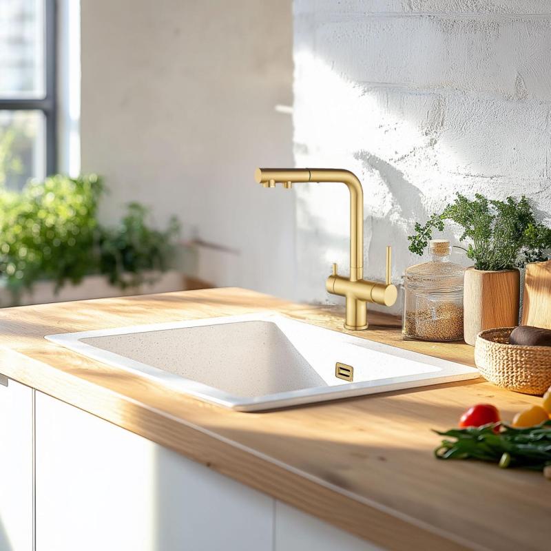 Ausmann Ellington 3-vejs Køkkenarmatur med Udtrækkelig Tud og Filtreret Vand – Guld – 1208970498