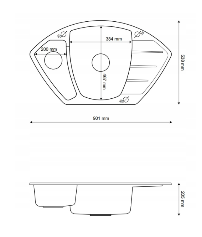 Graniteland Monte Granit sort kalksten Hjørnevask overmontering 901x538mm med rustfrit stål prop 1208970601