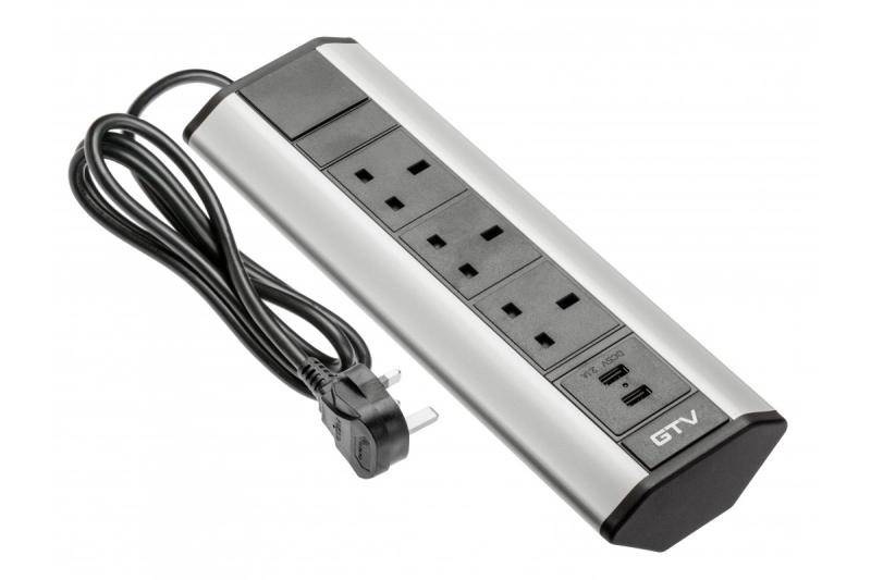 Kontor forlængerkabel med vinklede 3x UK stikkontakter, 2xUSB 2.1A 5V (sølv) ENGELSK VERSION