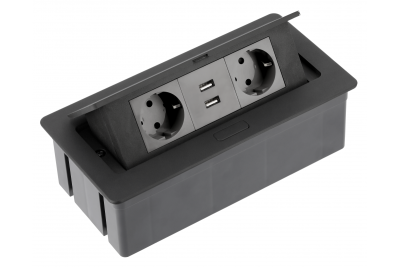 Skrivebordsforlængerkabel SOFT 2x schuko-stik, USB 2.1A, strømkabel med stik, sort