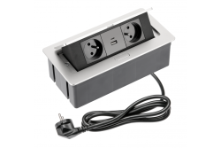 BLØD møbelstikdåse 2x stikkontakt med jordforbindelse, USB A+C, strømkabel med stik, aluminium.