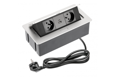 BLØD møbelstikdåse 2x stikkontakt med jordforbindelse, USB A+C, strømkabel med stik, aluminium.