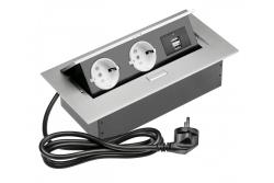 Skrivebordsforlængerkabel 2x Schuko-stik, 2x USB, strømkabel med stik, aluminium