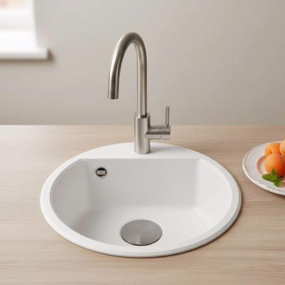 GraniteMy Bremen runde granitvask 43 cm hvid overflade og undermontering med hanehul og gunmetal prop 1208971220