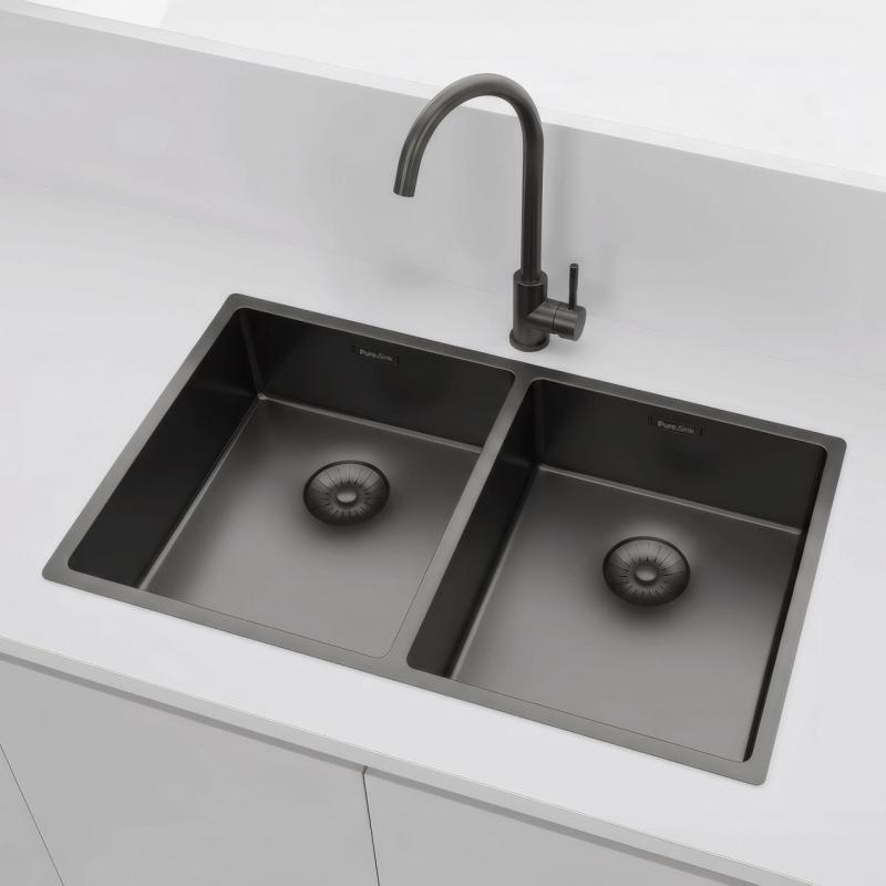 Pure.Sink Prestige Dobbelt Gun metal vask 70x40 cm 10mm radius underbygning, fladbygning og overbygning PPG343440-61