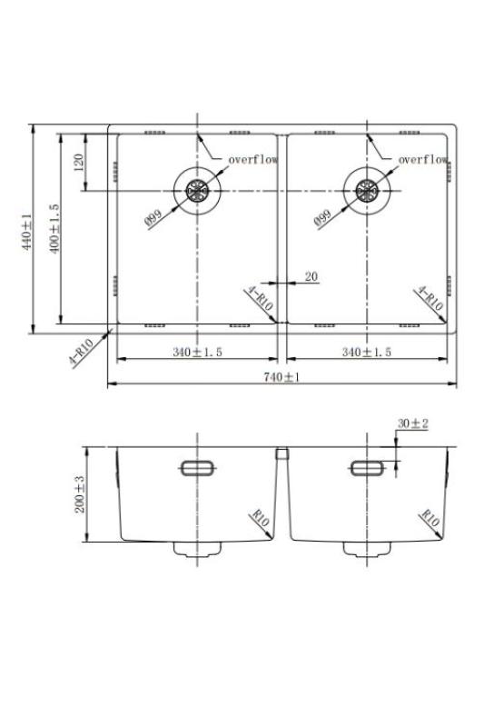 Pure.Sink Prestige Dobbelt Gun metal vask 70x40 cm 10mm radius underbygning, fladbygning og overbygning PPG343440-61